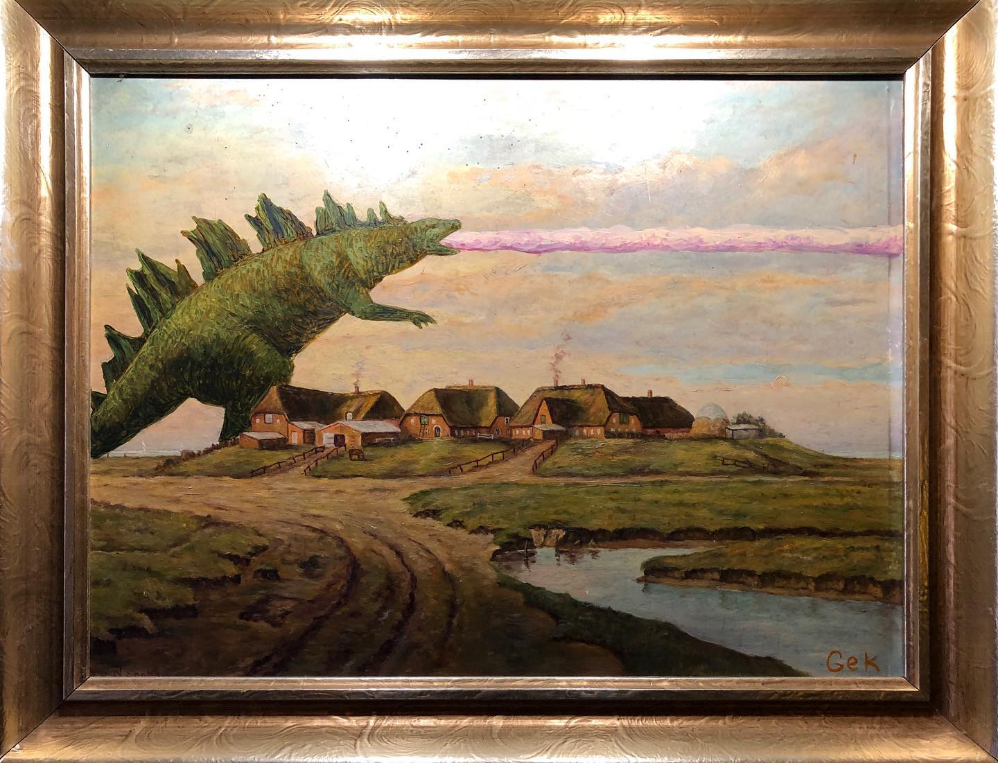 This happens, when you paint #godzilla in a boring #painting of a landscape.
