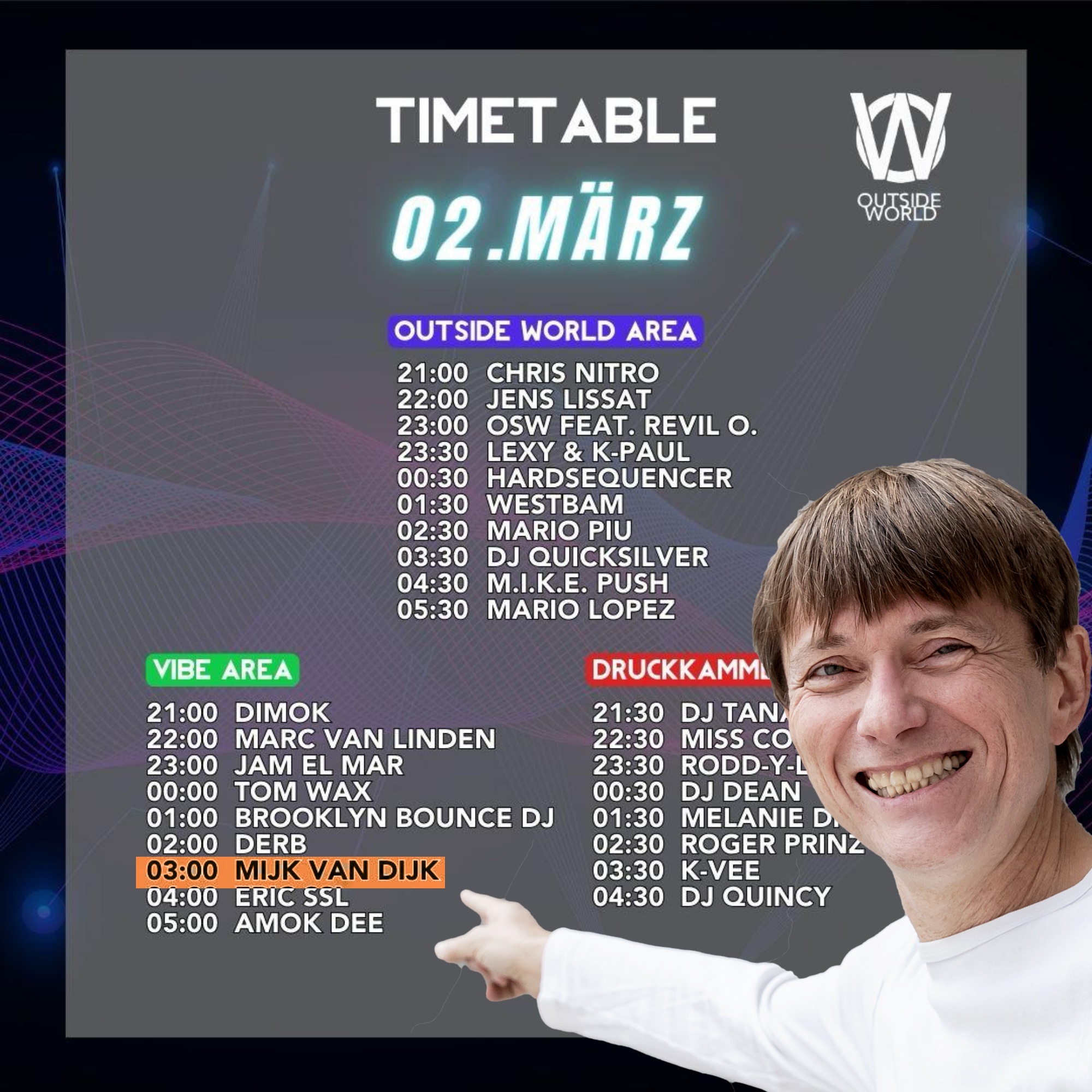 Timetable für Samstag, 2. März, @outsideworldfestival in Hannover