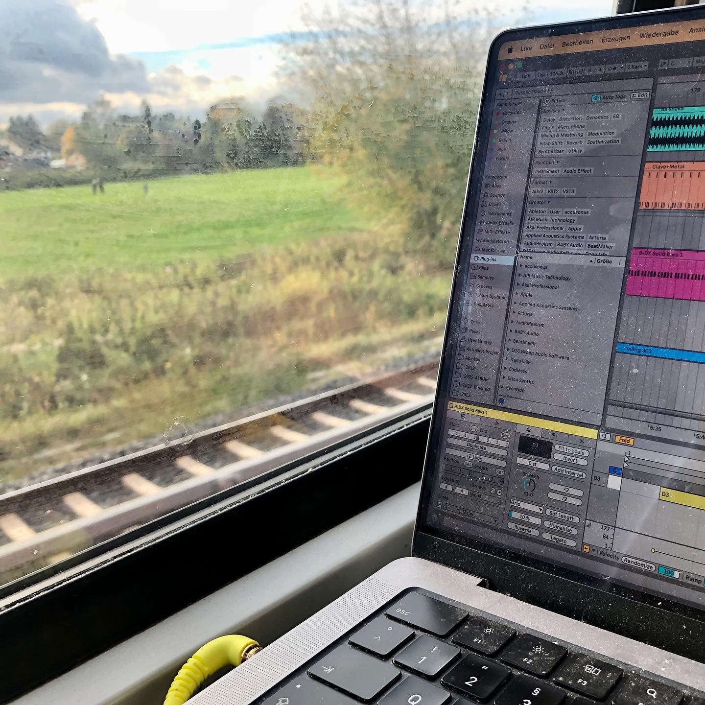 Final touches to a new remix while riding on a train. Love it!